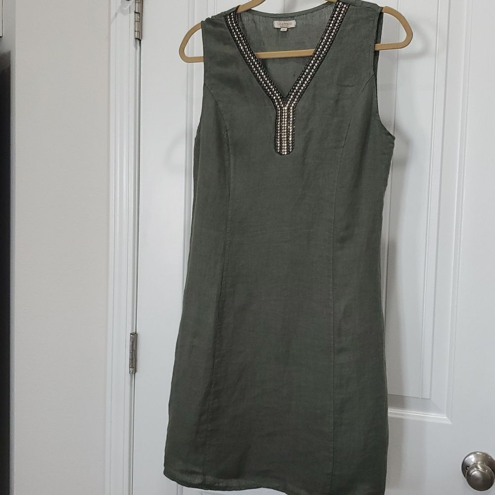 Lina Tomei 100% LINEN Shift Embellished Sleeveless Dress Green SZ Med Italy - Picture 1 of 5